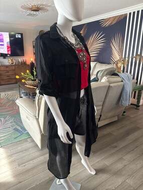 LIFE Women's Black Sheer Lightweight Button Down Maxi Shirt Dress Cardigan